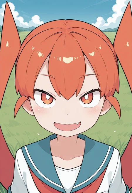 ueno, white pupils, orange eyes, orange hair, long hair, very long hair, twintails, school uniform, serafuku, sailor collar, <lora:ueno_illustrious_ver1:0.8>
smile, open mouth, fang,, masterpiece, best quality, sensitive,, 1girl, solo, blue sky, (grasslands:1.2), looking at viewer,, (upper body:1.2), (close-up:1.2), (facing viewer:1.2), (open eyes:1.4), (portrait:1.2)