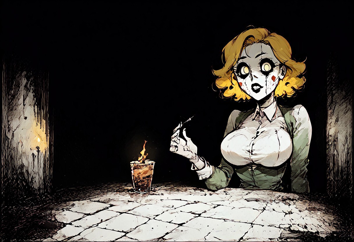 zPDXL3, Expressiveh, score_9, score_8_up, score_7_up, score_6_up, score_5_up, BREAK, 1girl, solo, Amy, robot, nandroid, Blonde Hair, Curly Hair, wearing Jason Voorhees mask, pt3jasonvoorhees, horror themed, evil looking, looking at viewer, dark room, glowing eyes, shaded face, (black face:1.2)