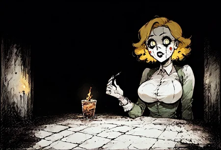 zPDXL3, Expressiveh, score_9, score_8_up, score_7_up, score_6_up, score_5_up, BREAK, 1girl, solo, Amy, robot, nandroid, Blonde Hair, Curly Hair, wearing Jason Voorhees mask, pt3jasonvoorhees, horror themed, evil looking, looking at viewer, dark room, glowing eyes, shaded face, (black face:1.2)