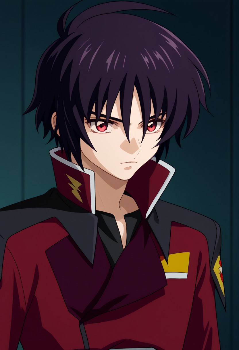 score_9, score_7_up, source_anime 
shinn, 1boy, male focus, solo, red eyes, black hair, uniform, military, military uniform, jacket, red jacket, long sleeves,
indoor