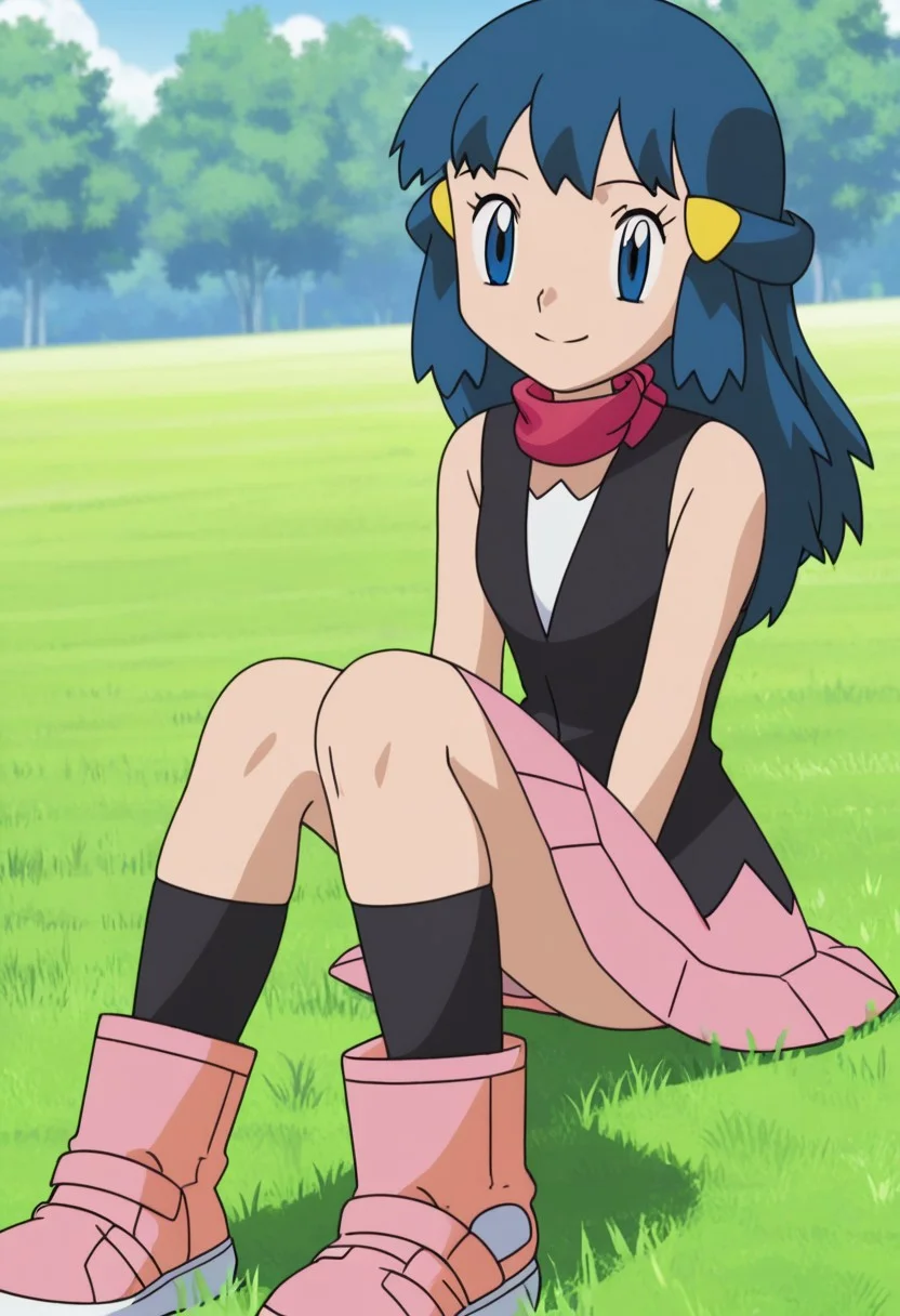 score_9, score_8_up, score_7_up, anime screencap, 1girl, pokemon_dawn, long hair, blue hair, blue eyes, sidelocks, no headwear, yellow hairclips, smiling, closed mouth, sleeveless, black vest, white undershirt, pink skirt, black socks, boots, sitting, hands on the grass BREAK outdoors, grassy field, day, absurdres, highres, 4k,
Show less