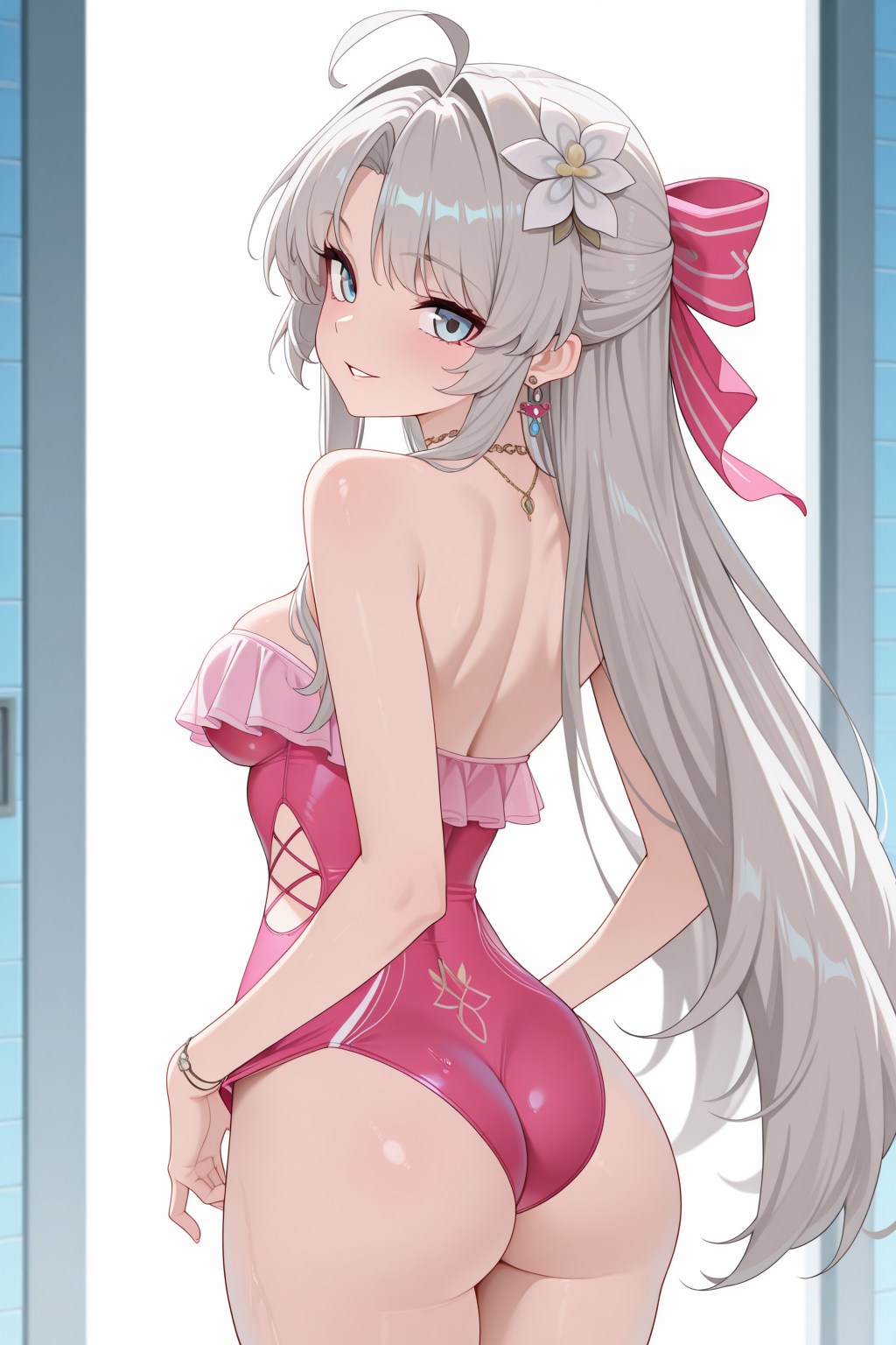 masterpiece, best quality, absurdres, amazing quality, anime coloring, <lora:Carlotta_Splashing_Summer_Wuthering_Waves:1>, CarSW, 1girl, ahoge, ass, bare shoulders, bow, breasts, casual one-piece swimsuit, clothes pull, cowboy shot, earrings, grey hair, hair bow, jewelry, long hair, looking at viewer, medium breasts, official alternate costume, one-piece swimsuit, one-piece swimsuit pull, parted lips, pink bow, pink one-piece swimsuit, shoulder blades, sidelocks, smile, solo, swimsuit, thighs, very long hair