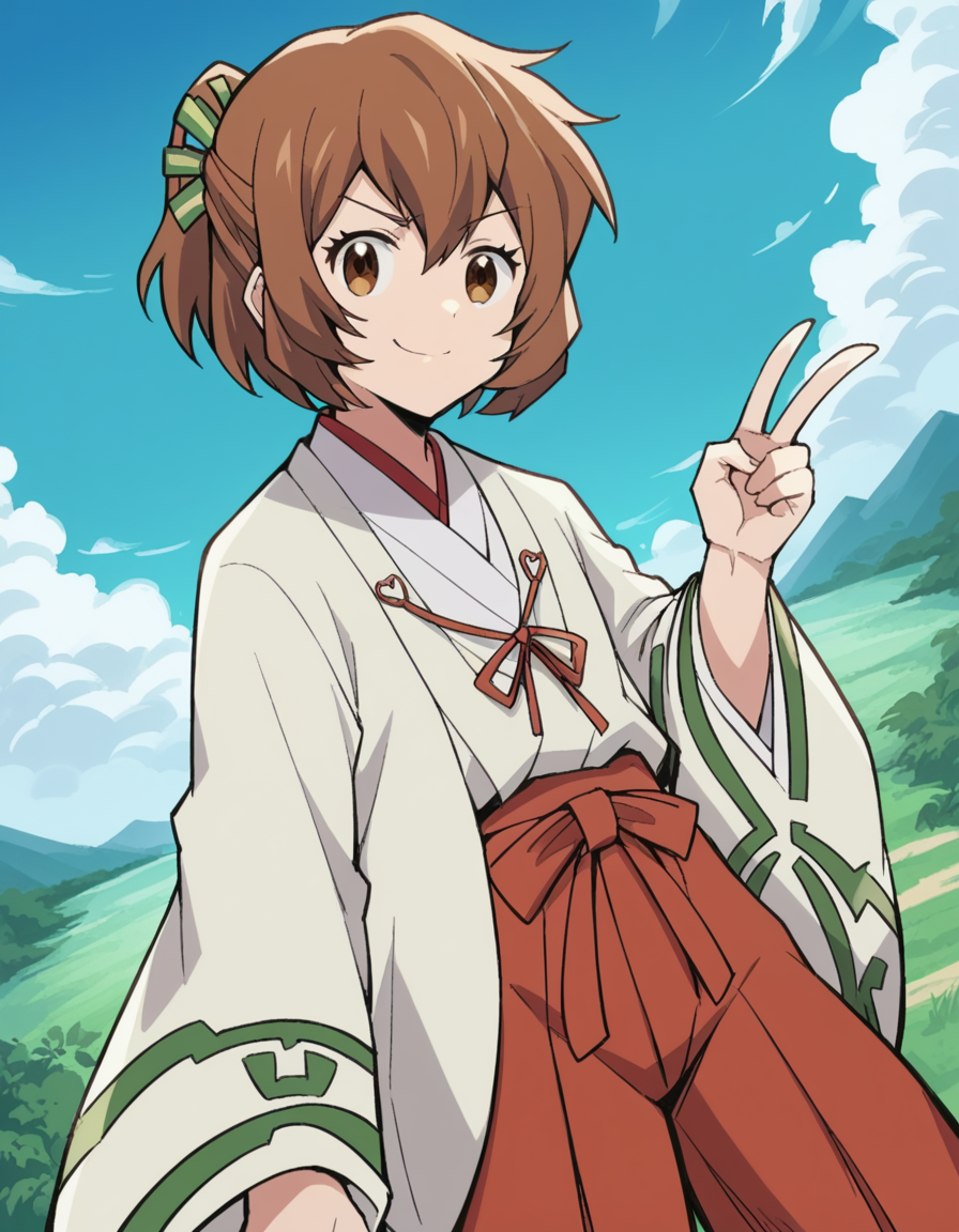 score_9, score_8_up, score_7_up, source_anime, <lora:loghorizon-minori-s2s3-ponyxl-lora-nochekaiser:1>, minori, short hair, brown hair, brown eyes, half updo, ponytail, short ponytail, hair ribbon,, japanese clothes, wide sleeves, miko, hakama, red hakama,, floating island, sky, clouds, greenery, magical, , v, v over mouth, smug,, looking at viewer, solo,, dutch angle, cowboy shot