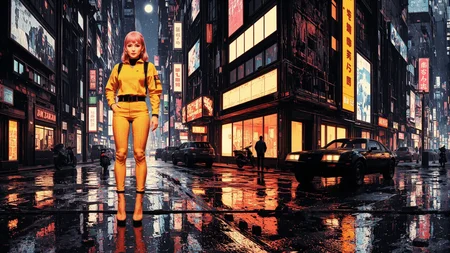 hair flaps pink hair young cyberpunk woman, anime, illustration, cyberpunk, futuristic, extremely detailed, portrait, standing, happy smile, beautiful cyberpunk tokyo buildings landscape, wet floor, windows, car, motorbike, moon in the sky, bright neon lights, screen holograms, kanjis, raytracing, hdr, high contrast, cinematic lights, backlight, reflections, legs, heels, sharp focus, luminous Legal Pad Yellow robot glossy brilliant armor, body lights, body circuits, glossy lipstick, necklace, long earrings, colorful, retrowave, shadows, vibrant colors, colorful, bright, pretty, beautiful, feminine, sexy, lovely, in love, adorable, fashion, <lora:Hand v2:1> <lora:Anti-Blur:2> <lora:Insane Detail Slider:0.5> <lora:flux.1_lora_flyway_Epic-detail_v2:0.3><lora:fluxenhancer:0.5> <lora:RetroAnimeFluxV1:0.3> <lora:CPA:0.6> <lora:Luminous_Shadowscape:0.3> <lora:Neon_Noir_FLUX:0.4> mad-neon-noir <lora:bv-cybstyenh-v1_rank16_bf16:0.3>