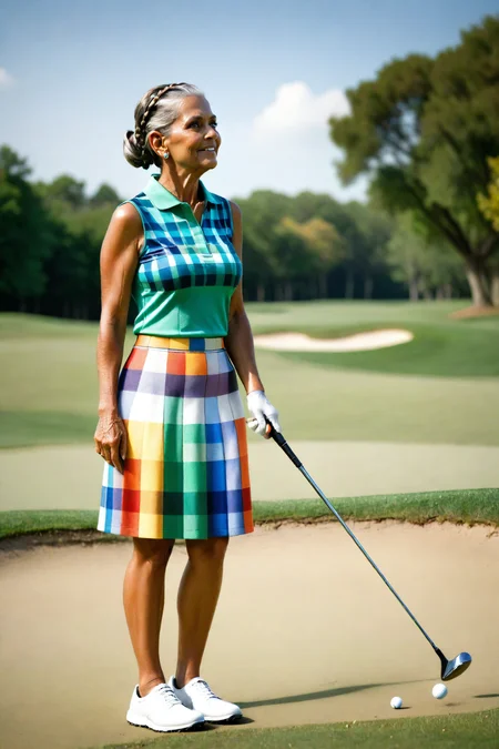 <lora:LCM_LoRA_Weights_SDXL>,Stable_Yogis_PDXL_Positives,(full body photo:1.4),a 64yo old grandmother Woman,from arabian, mahogany skin, hazel eyes,short metallic silver Hairs, double braids haircut, earrings,(wearing a <lora:Colorful_Checker_SDXL_v2:0.8>,mad_colorful_checkers, stylish, sleeveless top with a back cutout and knee-length golf skirt, women enjoying a relaxed game on a scenic golf course),On a golf course, an individual follows through on a chip shot, their body rotating as they watch the ball soar toward the hole,