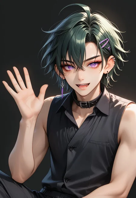 Score_9, Score_8, Score_7,masterpiece quality, full body, sitting, dynamic angle, perfect eyes, perfect face, perfect ears, perfect anatomy, perfect hands, intricate details, BREAK,1boy, antherima, solo, 20 years old, dark green hair, hair between eyes, asymmetrical hair parting on left, hair clip on left side, ahoge, medium length bangs, anime reference, slit pupils, purple Eyes, light_red_eyeshadow, ((1_earstud_left_side)), BREAK, waving, smiling, open mouth, black_collar_vest, open collar, exposed collar bone, sleeveless, exposed arms, black shorts, bare shoulders,BREAK,
((black_background))