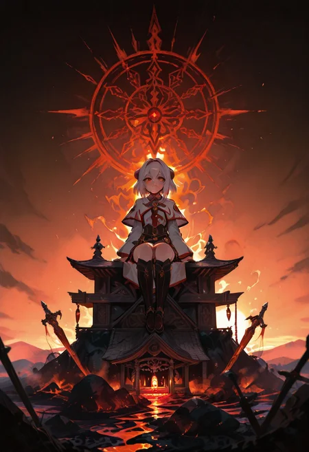 a brutalist Shrine, sexy girl sitting on lava, dramatic apocalypse, dim light, dramatic lighting, __drama__ color scheme, swords, fire, church, (crystals)