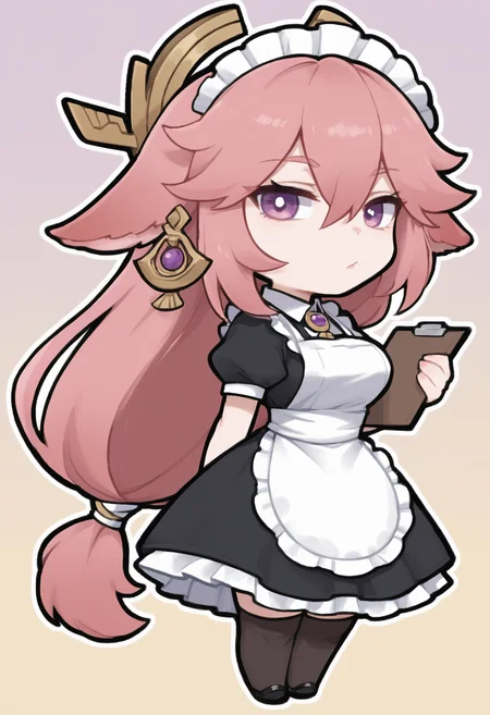 <lora:Lora\Floox_2.0:0.6> <lora:Lora\StickerNoobLocon_byKonan:1> <lora:Lora\add-detail-xl:2> sticker, colorful, outline, chibi, masterpiece, best quality, very aesthetic, absurdres, chibi Yae Miko, apron, black dress, black thighhighs, clipboard, dress, looking at viewer, maid, maid headdress, hd, rtx,