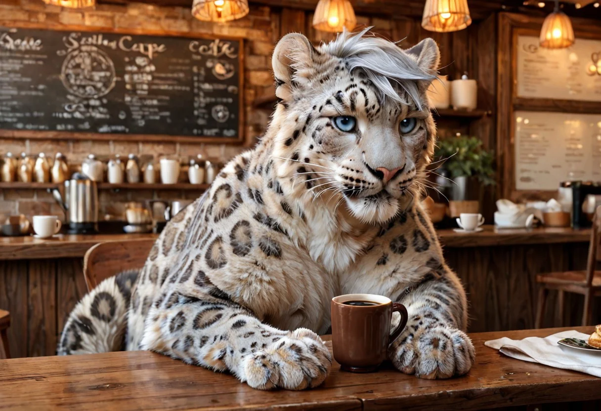 ((solo)), (feral snow leopard male with a (((tuft of short gray hair:1.2))), blue eyes, enjoying a cup of coffee at a cafe), fluffy paws, snow leopard tail, pink nose, digitigrade, detailed paws, realistic paws, thick, fluffy, athletic, muscular, pawpads, cafe, coffee shop, espresso, winter, cozy, warm lighting, score_9_up, score_8_up, score_7_up, score_6_up, score_5_up, score_4_up, hair on feral, (cozy cafe background), detailed background, ral-fluff