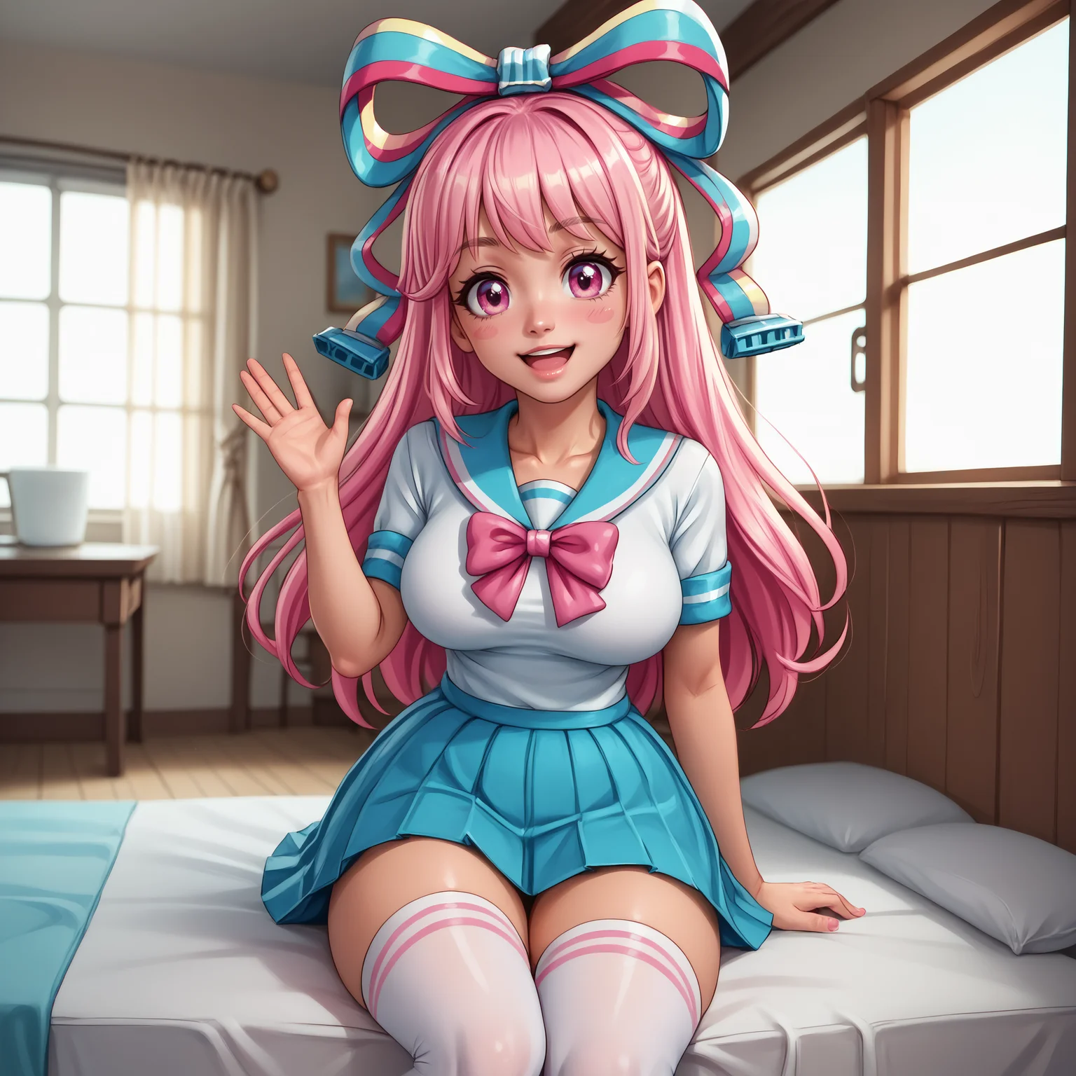 zPDXL2, score_9, score_8_up, score_7_up, detailed, intricate details, chromatic aberration, realistic, front view, head and shoulders portrait, upperbody close-up, cowboy shot, looking at viewer, indoors, home, house, 1girl, solo, <lora:Giffany:0.8> Giffany, open mouth, smile, Pink hair, long hair, pink eyes, big eyes, blush stickers, Hair bow, school uniform, White shirt, blue skirt, pink ribbon, white thighhighs, thighigh socks, striped socks, pink footwear, large breasts, large ass, thick thighs, slender torso, sitting, waving, good_hands,  <lora:pony_good_hands:1> <lora:add-detail-xl:2>