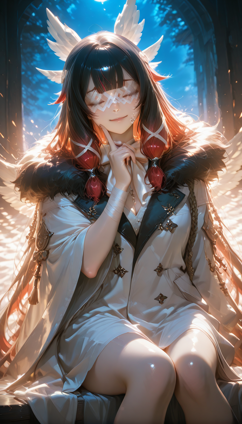 <lora:LCMTurboMix_Euler_A_fix:1> <lora:example_SDXL:0.3>, EZRealPONYXL, <lora:Dramatic Lighting Slider:3><lora:realistic filter [IL]:1>
DSLR,realistic,cosplay photo, (very awa,masterpiece,best quality,year 2024,newest,absurdres,highres:1), realistic,skin texture,facial features, photography shot with Canon EOS 5D Mark IV , realistic, RAW, best quality, masterpiece, amazing quality, skin details,
1girl, highly detailed beautiful face, large natural breasts,
detailed background, shiny skin, dutch angle, night, moonlight,
beautiful detailed eyes, intricate details, absurdres, anime screencap,
 <lora:Columbina_Genshin_ILXL_kill0825:1>
GSColumbina, 1girl, solo, long hair, smile, simple background, black hair, long sleeves, hair ornament, white background, bow, ribbon, closed mouth, very long hair, sitting, closed eyes, hair ribbon, multicolored hair, sidelocks, red hair, wings, hand up, bowtie, blunt bangs, two-tone hair, streaked hair, coat, fur trim, feet out of frame, gradient hair, mask, bandages, white bow, x hair ornament, head wings, facing viewer, white ribbon, index finger raised, hair flaps, cropped legs, white coat, bandaged arm, tress ribbon, hime cut, invisible chair, fur-trimmed coat, white bowtie, aiguillette, wing hair ornament, finger to cheek, eye mask, blunt tresses, finger to face, white mask, bandaged wrist