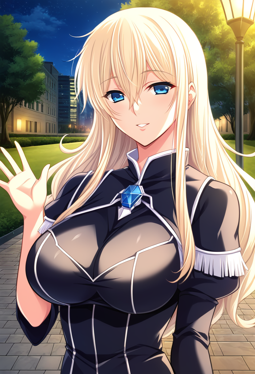 score_9,score_8_up,score_7_up,source_anime,minamo hoshino, blue eyes, blonde hair, 1girl,solo, long hair, breasts,large breasts,black dress,looking at viewer,prefect lighting, very aesthetic, intricate details, highly detailed background, masterpiece, high quality, prefect hands, best quality,night,outdoors,park,waving arm,upper body