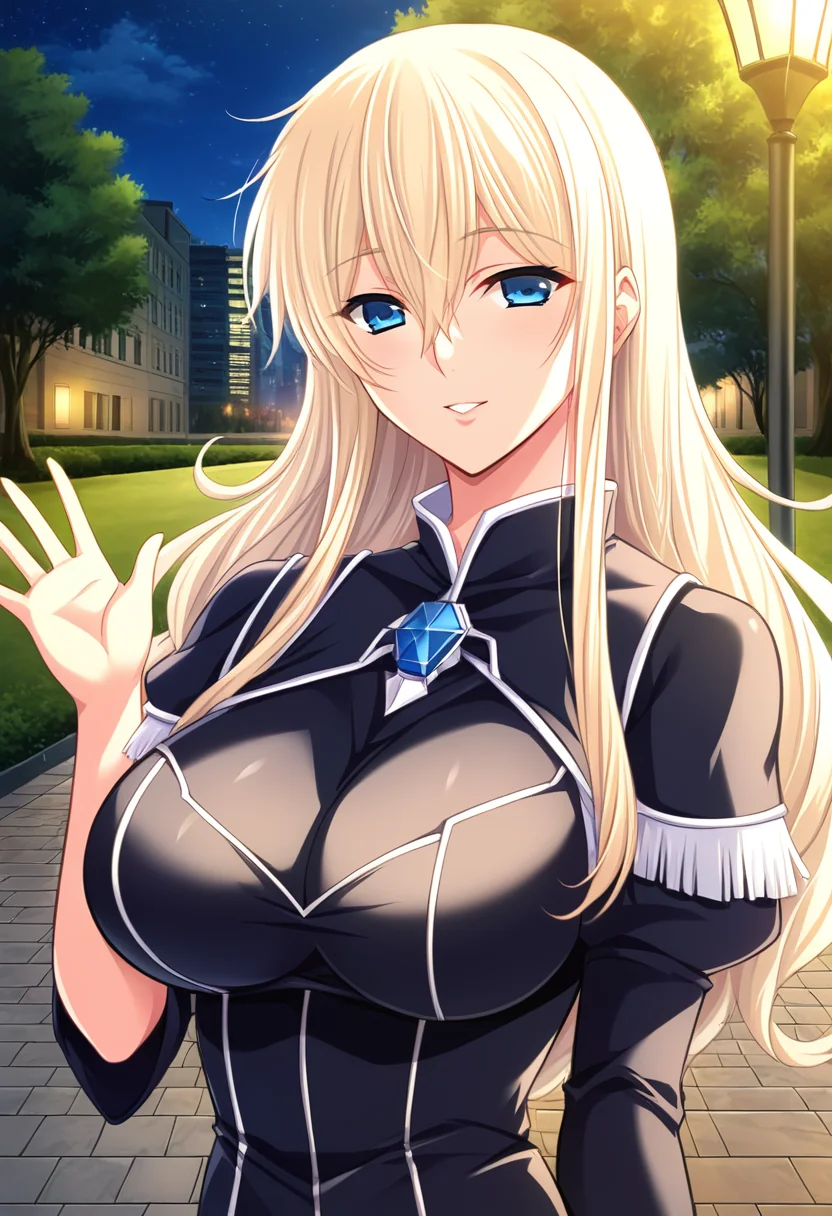 score_9,score_8_up,score_7_up,source_anime,minamo hoshino, blue eyes, blonde hair, 1girl,solo, long hair, breasts,large breasts,black dress,looking at viewer,prefect lighting, very aesthetic, intricate details, highly detailed background, masterpiece, high quality, prefect hands, best quality,night,outdoors,park,waving arm,upper body