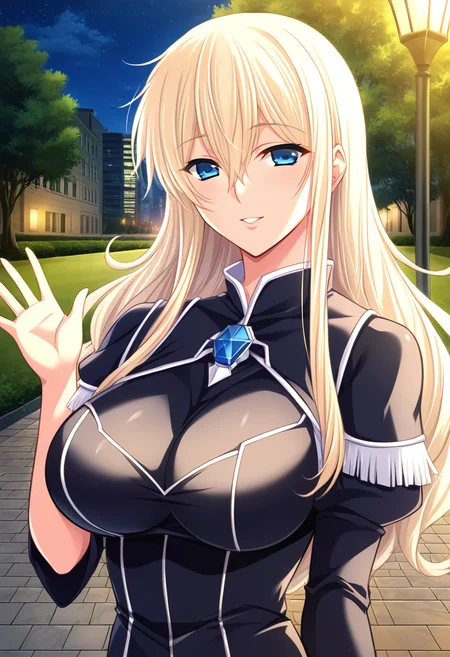 score_9,score_8_up,score_7_up,source_anime,minamo hoshino, blue eyes, blonde hair, 1girl,solo, long hair, breasts,large breasts,black dress,looking at viewer,prefect lighting, very aesthetic, intricate details, highly detailed background, masterpiece, high quality, prefect hands, best quality,night,outdoors,park,waving arm,upper body