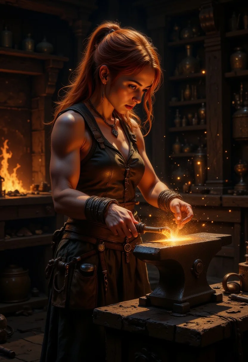 DGC style digital illustration, Magic style,
Close-up. cinematic photo. Image is a digital illustration depicting a fantasy blacksmith scene. The layout is vertical, focusing on a female character with fair skin and long, fiery red hair tied back, wearing rugged, medieval-style clothing. She is intensely focused on her work, hammering a glowing piece of metal on an anvil. The setting is a dimly lit forge, with a warm, orange glow emanating from a fire in the background, casting dramatic shadows. The character's muscular build and determined expression highlight her strength and skill. Various tools and equipment are scattered around, adding to the authenticity of the blacksmith environment. 35mm photograph, film, bokeh, professional, 4k, highly detailed