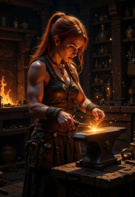 DGC style digital illustration, Magic style,
Close-up. cinematic photo. Image is a digital illustration depicting a fantasy blacksmith scene. The layout is vertical, focusing on a female character with fair skin and long, fiery red hair tied back, wearing rugged, medieval-style clothing. She is intensely focused on her work, hammering a glowing piece of metal on an anvil. The setting is a dimly lit forge, with a warm, orange glow emanating from a fire in the background, casting dramatic shadows. The character's muscular build and determined expression highlight her strength and skill. Various tools and equipment are scattered around, adding to the authenticity of the blacksmith environment. 35mm photograph, film, bokeh, professional, 4k, highly detailed