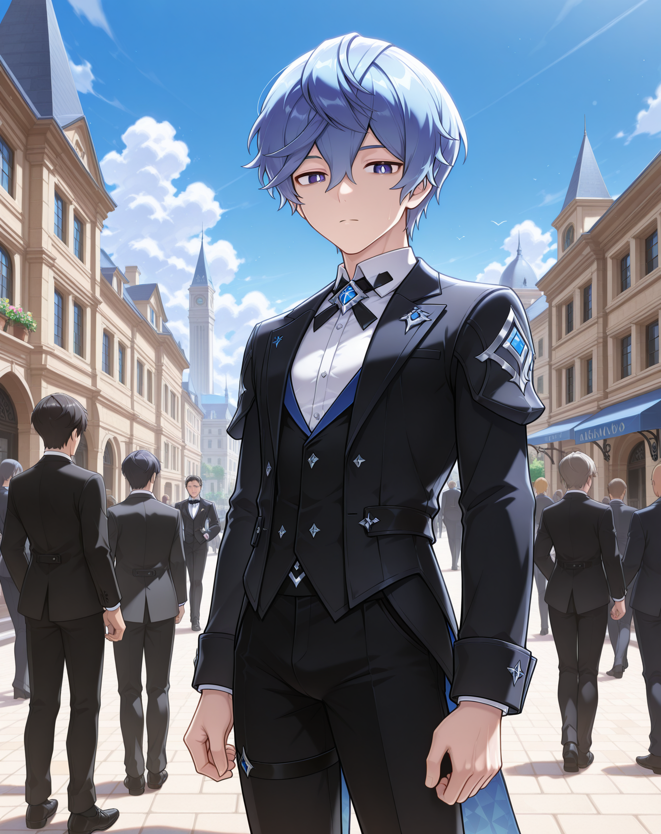 masterpiece,best quality,amazing quality, newest, very aesthetic, absurdres,
1boy, solo, yaoi, male focus, looking at viewer, cowboy shot, standing,
<lora:Noah_Liberator_ilxl:1>   noahlb, blue eyes, blue hair, hair between eyes, short hair, white pupils,
formal, tuxedo, neck ribbon, white shirt, collared shirt, black pants, shoes, black footwear, suit jacket, black jacket,
outdoors, day, blue sky, building, people, <lora:StS_Age_Slider_Illustrious_v1:1.5>
