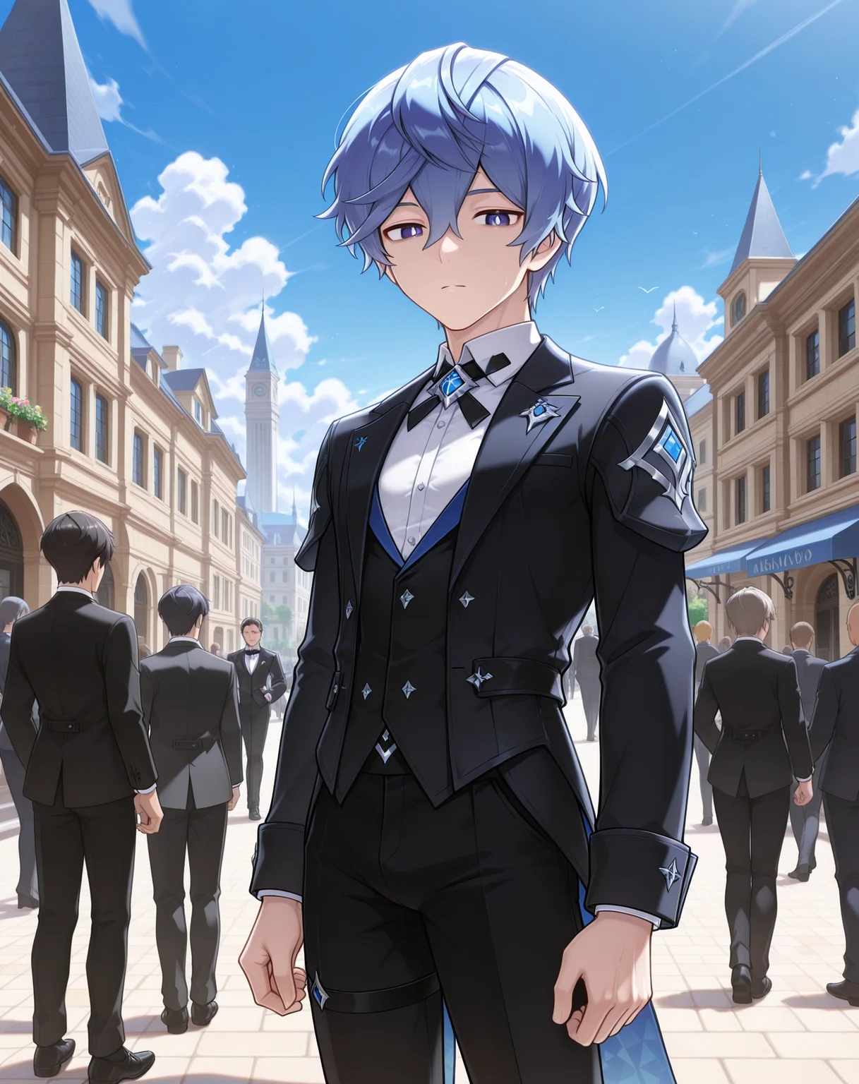 masterpiece,best quality,amazing quality, newest, very aesthetic, absurdres,
1boy, solo, yaoi, male focus, looking at viewer, cowboy shot, standing,
<lora:Noah_Liberator_ilxl:1> noahlb, blue eyes, blue hair, hair between eyes, short hair, white pupils,
formal, tuxedo, neck ribbon, white shirt, collared shirt, black pants, shoes, black footwear, suit jacket, black jacket,
outdoors, day, blue sky, building, people, <lora:StS_Age_Slider_Illustrious_v1:1.5>