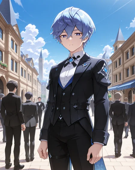 masterpiece,best quality,amazing quality, newest, very aesthetic, absurdres,
1boy, solo, yaoi, male focus, looking at viewer, cowboy shot, standing,
<lora:Noah_Liberator_ilxl:1> noahlb, blue eyes, blue hair, hair between eyes, short hair, white pupils,
formal, tuxedo, neck ribbon, white shirt, collared shirt, black pants, shoes, black footwear, suit jacket, black jacket,
outdoors, day, blue sky, building, people, <lora:StS_Age_Slider_Illustrious_v1:1.5>