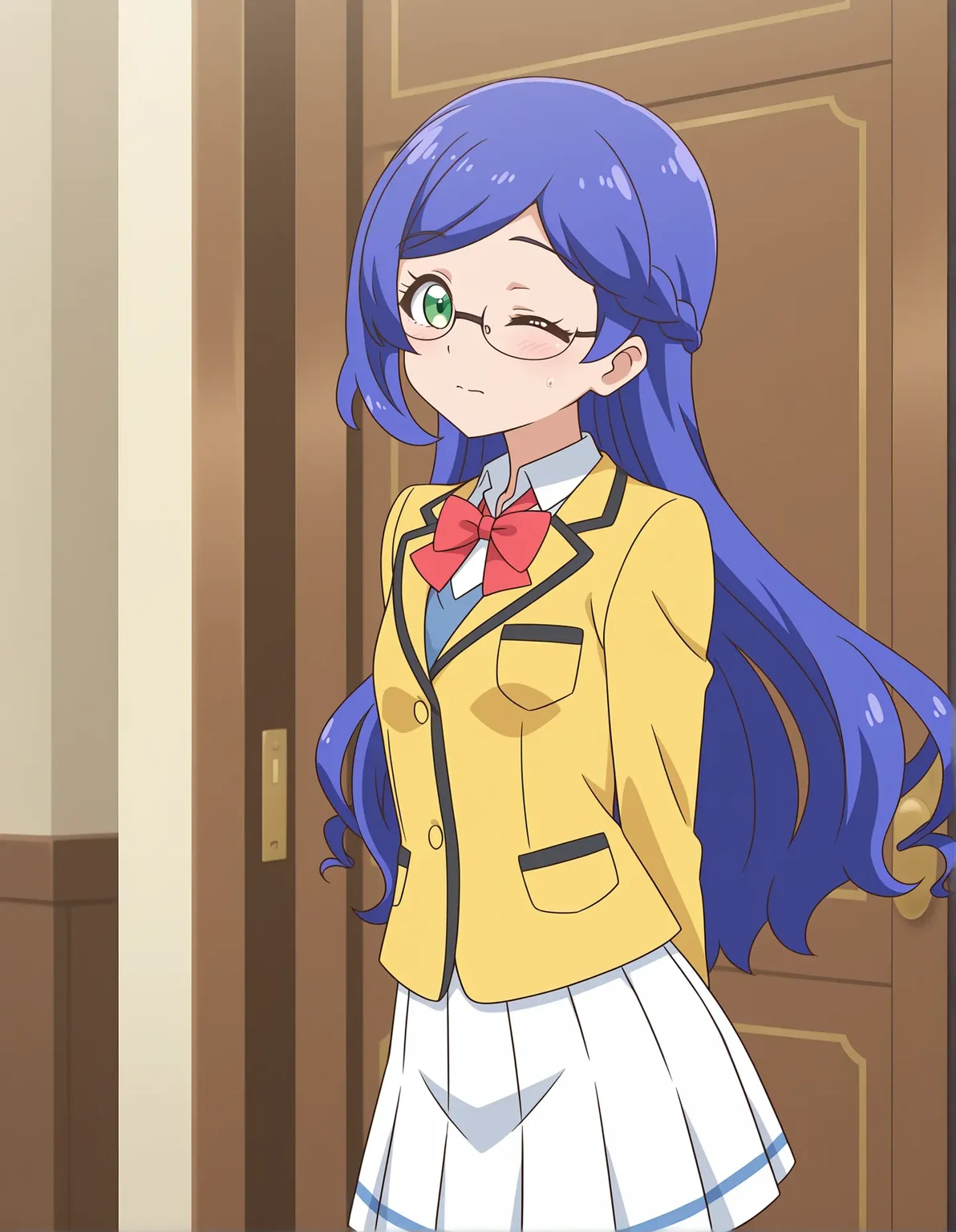 safe,best quality,very aesthetic,absurdres,newest,masterpiece,1girl,solo,highres,anime coloring,satisfaction,standing,,embarrassed ,one eye closed,<lora:il-prichan-rinka1.0:1>,aoba rinka,glasses,semi-rimless eyewear,kiratto pri chan,blue hair,long hair,asymmetrical bangs,green eyes,small breasts,yellow jacket,collared shirt,bowtie,red bow,pleated skirt,white skirt,anime screenshot,