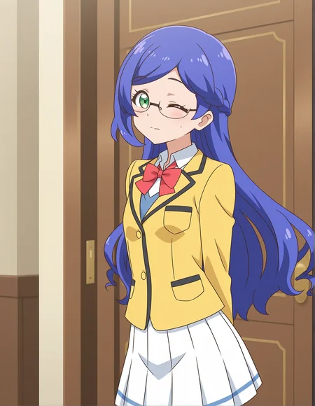 safe,best quality,very aesthetic,absurdres,newest,masterpiece,1girl,solo,highres,anime coloring,satisfaction,standing,,embarrassed ,one eye closed,<lora:il-prichan-rinka1.0:1>,aoba rinka,glasses,semi-rimless eyewear,kiratto pri chan,blue hair,long hair,asymmetrical bangs,green eyes,small breasts,yellow jacket,collared shirt,bowtie,red bow,pleated skirt,white skirt,anime screenshot,