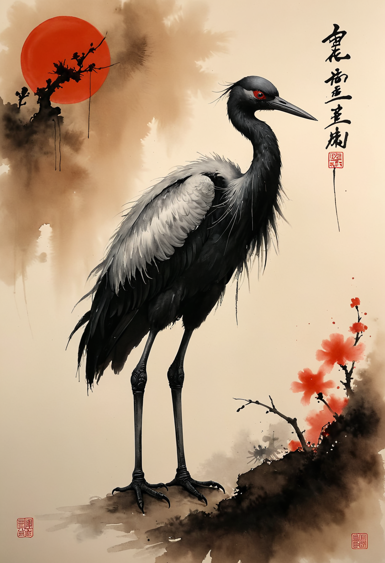 black and red ink, a crane in chinese style, ink art by VelvetS, whimsical,  rough sketch, (sketch:1.3) 
 <lora:Flux-style-xl-lora:0.5> <lora:DetailMaximizer:1> <lora:CinematicStyle_v1:1> <lora:zavy-cntrst-sdxl:0.5> <lora:- SDXL - vanta-black_contrast_V3.0:0.5>