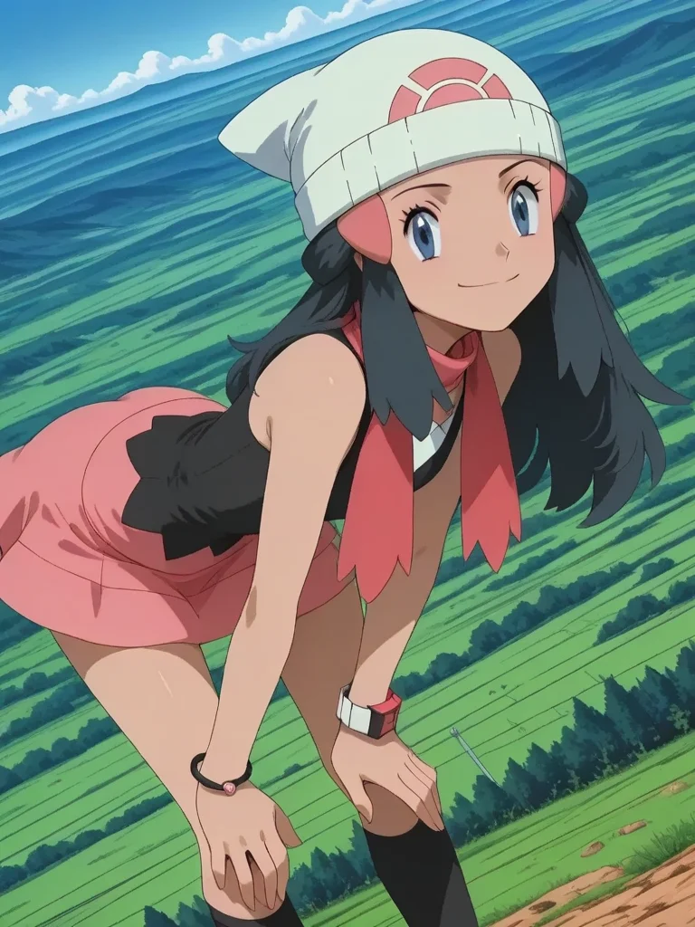 score_9,score_8_up,score_7_up,source_anime,pokemondawn,<lora:pokemon-dawn-anime-ponyxl-lora-nochekaiser:1>,pokemon dawn,black hair,blue eyes,sidelocks,long hair,bare shoulders,beanie,black shirt,black socks,bracelet,hat,jewelry,kneehighs,miniskirt,pink skirt,red scarf,scarf,shirt,skirt,sleeveless,sleeveless shirt,white headwear,landscape,bent over,smile,looking at viewer,solo,cowboy shot,dutch angle,<lora:d07f09de878c73fj8hi0:1>,