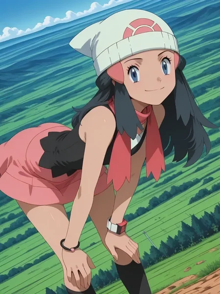 score_9,score_8_up,score_7_up,source_anime,pokemondawn,<lora:pokemon-dawn-anime-ponyxl-lora-nochekaiser:1>,pokemon dawn,black hair,blue eyes,sidelocks,long hair,bare shoulders,beanie,black shirt,black socks,bracelet,hat,jewelry,kneehighs,miniskirt,pink skirt,red scarf,scarf,shirt,skirt,sleeveless,sleeveless shirt,white headwear,landscape,bent over,smile,looking at viewer,solo,cowboy shot,dutch angle,<lora:d07f09de878c73fj8hi0:1>,