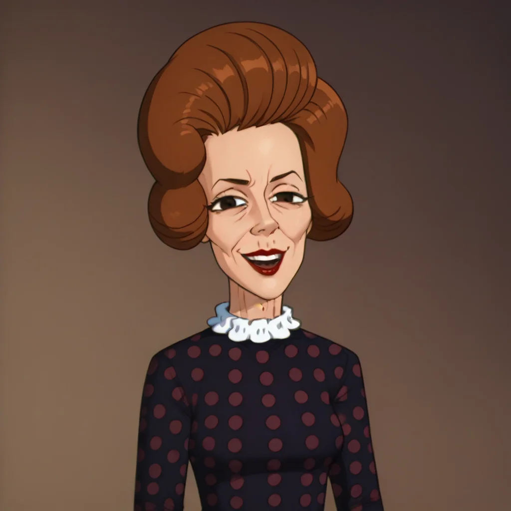 <lora:Network_Censor_Woman_-_Freakaziod_-_1995-10:0.9> 1girl, mature, brown hair, purple dress with maroon polka dots, white collar, white cuffs, wrinkled face, lipstick, lazy eye, smug, open mouth, teeth, looking at viewer,, source_cartoon, score_9, score_8_up, score_7_up,