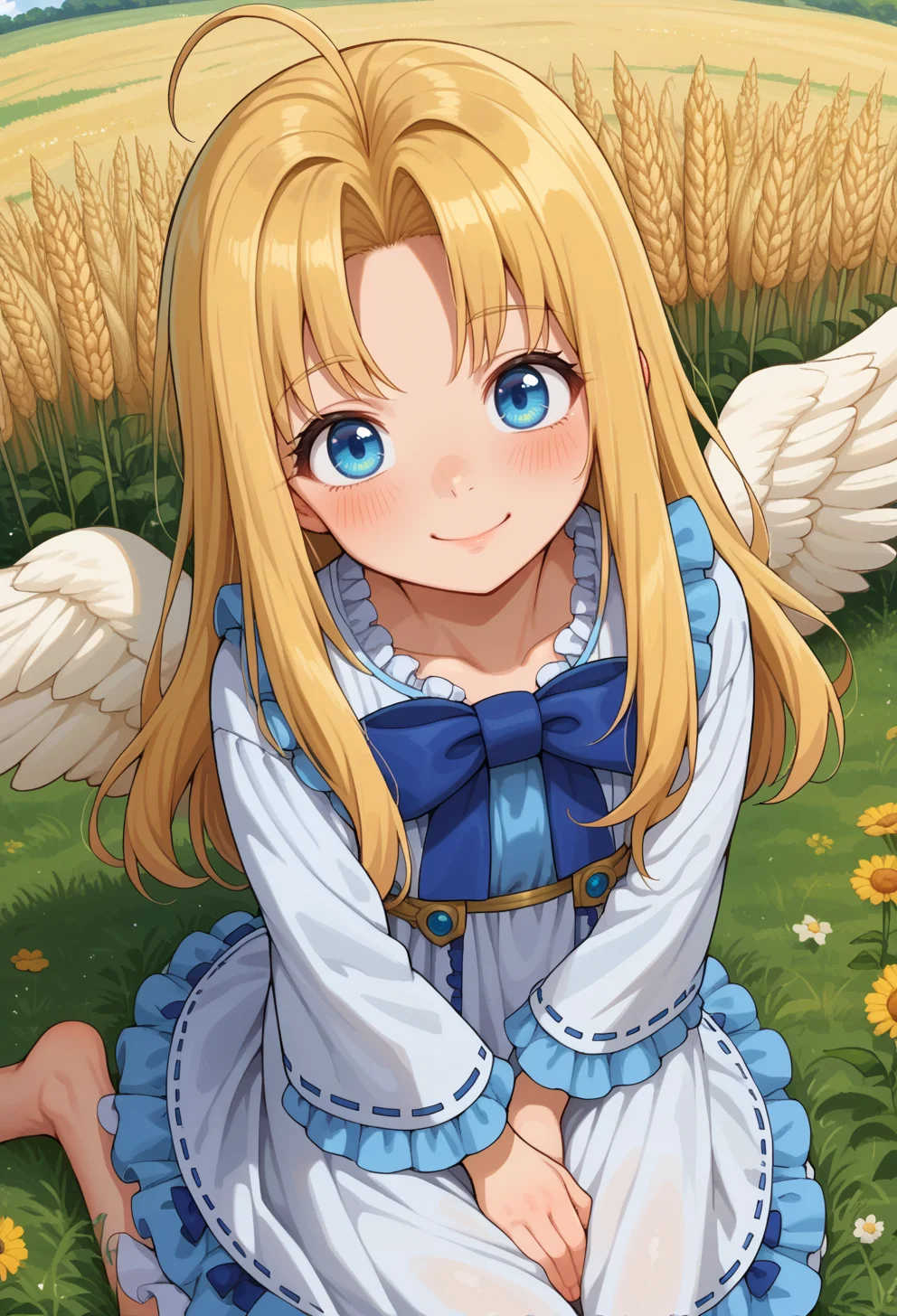 score_9, score_7_up, source_anime, <lora:AEFiloPony:0.8> BREAK
AEFiloDef, blue eyes, blonde hair, long hair, parted bangs, ahoge, white wings, feathered wings, hair ornament, white dress, blue bowtie, frilled dress, frilled sleeves, long sleeves, wide sleeves, barefoot,
petite, smile, head tilt, wariza, from above, haystack, wheat field, hand between legs,