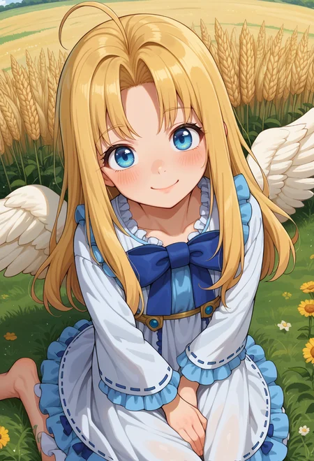 score_9, score_7_up, source_anime, <lora:AEFiloPony:0.8> BREAK
AEFiloDef, blue eyes, blonde hair, long hair, parted bangs, ahoge, white wings, feathered wings, hair ornament, white dress, blue bowtie, frilled dress, frilled sleeves, long sleeves, wide sleeves, barefoot,
petite, smile, head tilt, wariza, from above, haystack, wheat field, hand between legs,