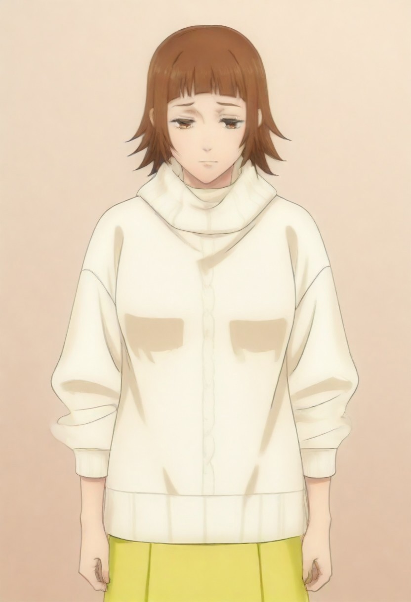 masterpiece, best quality, amazing quality,,, shiny skin,,,,,,,,yuozawa, brown_eyes, brown_hair, short_hair, blunt_bangs,, turtleneck, white_sweater, long_skirt, yellow_skirt,