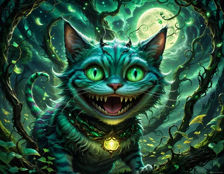 In a dark, mystical style, with eerie, moonlit shadows and subtle, glowing highlights, the Cheshire Cat, a mischievous, ghostly feline with a wide, toothy grin and piercing, emerald green eyes, floats eerily in mid-air, surrounded by a swirling, ethereal mist, amidst a twisted, nightmarish landscape of gnarled, black tree branches and twisted, thorny vines, as a faint, shimmering aura of magic and mystery surrounds him, and his grin grows wider, illuminating the dark, foreboding atmosphere, with a few stray, glowing fireflies dancing about his head, and a subtle, shimmering glow emanating from his eyes, as Alice, a small, curious figure, looks on from the shadows, her face lit only by the faint, eerie glow of the Cat's grin, amidst a sense of foreboding and wonder, as the Cat's eyes seem to hold a deep, ancient wisdom, and his grin appears to be a doorway to a world of magic and madness.