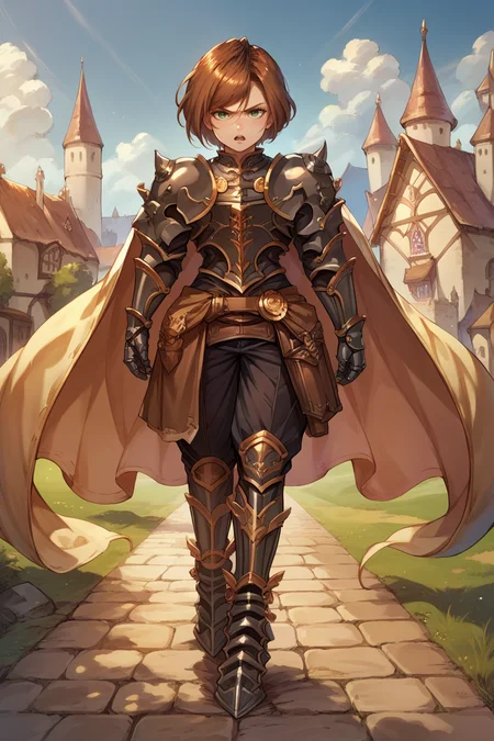 score_9, score_8_up, score_7_up, score_6_up, source_anime, 1girl, <lora:gbfbk-pdxl-nvwls-v1-000005:1> gbfBK, short hair, brown hair, green eyes, cape, armor, shoulder armor, gauntlets, black pants, armored boots, medieval village, walking, castle, looking at you, serious, open mouth