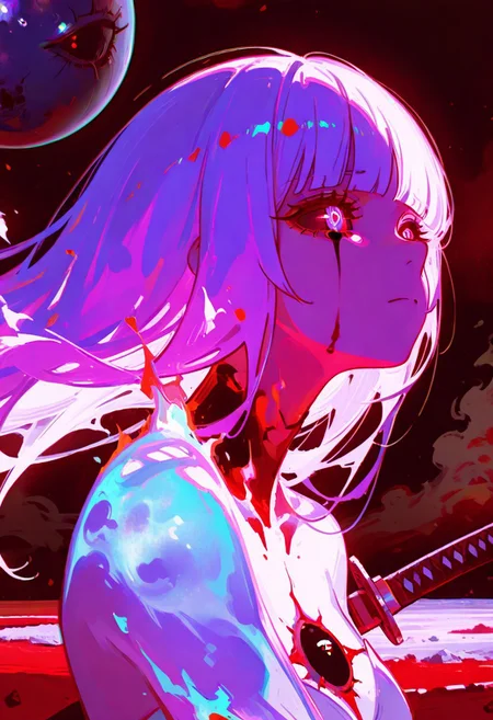 masterpiece,best quality, amazing quality, ((Mars background, on Mars, chromatic aberration, bright galaxy, raytrace)), ((Chiaroscuro Lighting Style, dramatic lighting, drastic contrast)), absurdres, Classical Chinese Brush and Ink, 1space spirit girl, whole body made of space flame, white purple flame body, burning body, glowing third eye, black tears, eldritch third eye, sad face, hime cut, magenta hair, limited red palette, black sclera, black sclera eyes, spinning, dancing, katana stabbing her core, 1katana, dynamic angles, ((face focus, close up))