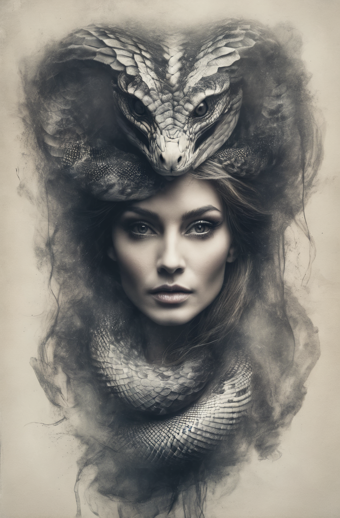 <lora:SDXLGhostStyle:0.8> GhostlyStyle,
woman portrait inspired by a king cobra