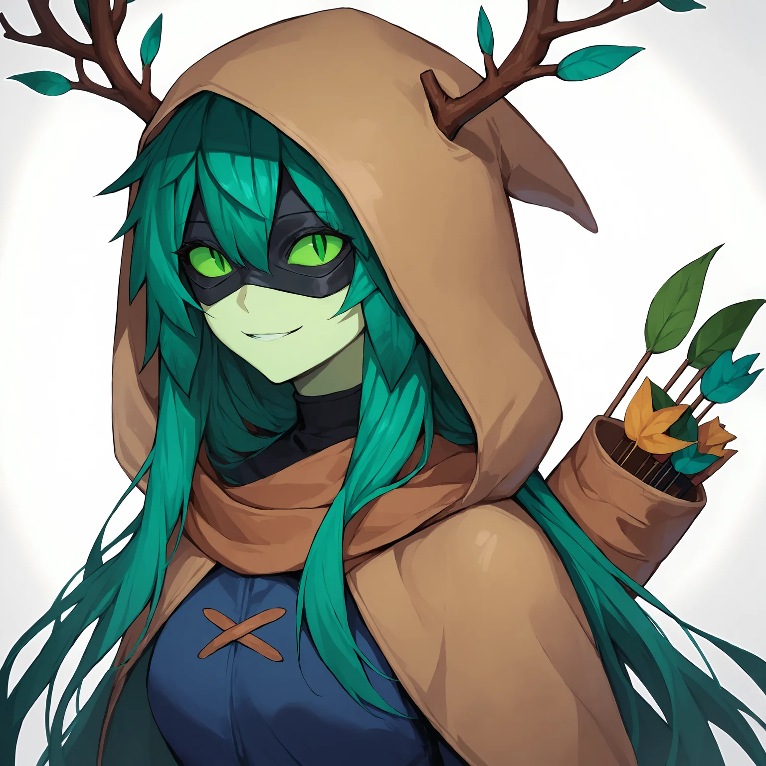 score_9, score_8_up, score_7_up, score_6_up, score_5_up, score_4_up, masterpiece, thick lines, 2d, flat colors, anime, huntresswizard <lora:huntresswizardpony:1>, 1girl, hwdarkoutfit, dark blue shirt, brown hood, brown scarf, 1girl, solo, long hair, looking at viewer, smile, simple background, white background, green eyes, upper body, green hair, hood, mask, colored skin, leaf, slit pupils, colored sclera, arrow (projectile), quiver, green sclera, antlers BREAK source_anime