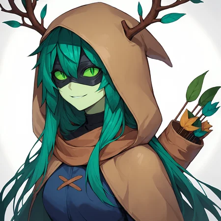 score_9, score_8_up, score_7_up, score_6_up, score_5_up, score_4_up, masterpiece, thick lines, 2d, flat colors, anime, huntresswizard <lora:huntresswizardpony:1>, 1girl, hwdarkoutfit, dark blue shirt, brown hood, brown scarf, 1girl, solo, long hair, looking at viewer, smile, simple background, white background, green eyes, upper body, green hair, hood, mask, colored skin, leaf, slit pupils, colored sclera, arrow (projectile), quiver, green sclera, antlers BREAK source_anime
