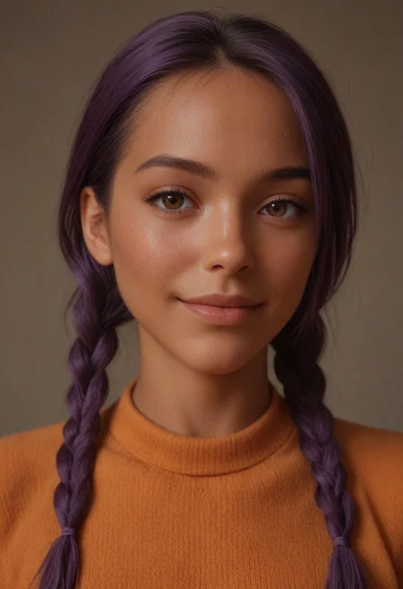 score_9, score_8_up, score_7_up, score_6_up,
1girl, 25 years old, perfect face, adult, sexy, looking at viewer,
(dark skin),
brown eyes,
purple hair, twin braids, asymmetrical bangs,
orange sweater,
blush, shy smile,
portrait, face focus, detailed face,