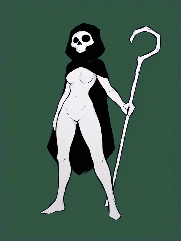 <lora:wrnsignPDXL:1> (green background, green lineart:1.1), white body, lineless, flat colors, score_7_up, score_6_up, score_5_up, score_4_up, solo BREAK
humanoid, eyeless, skull head, hood up, medium breasts, standing, full body, holding staff, staff, hand on hip