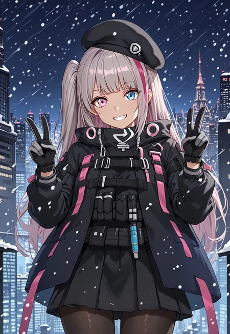 1girl, solo, solo focus, highres, absurdres, MDR1st, multicolored hair, long hair, streaked hair, grey hair, beret, pink hair, pink eyes, black headwear, blue eyes, heterochromia, bangs, one side up, 

black jacket, black gloves, black pantyhose, long sleeves, tactical clothes, grey gloves, two-tone gloves, black skirt,

looking at viewer, double v, grin, head tilt,
 
cityscape, snowing, shade, night, night sky, dark, backlighting,