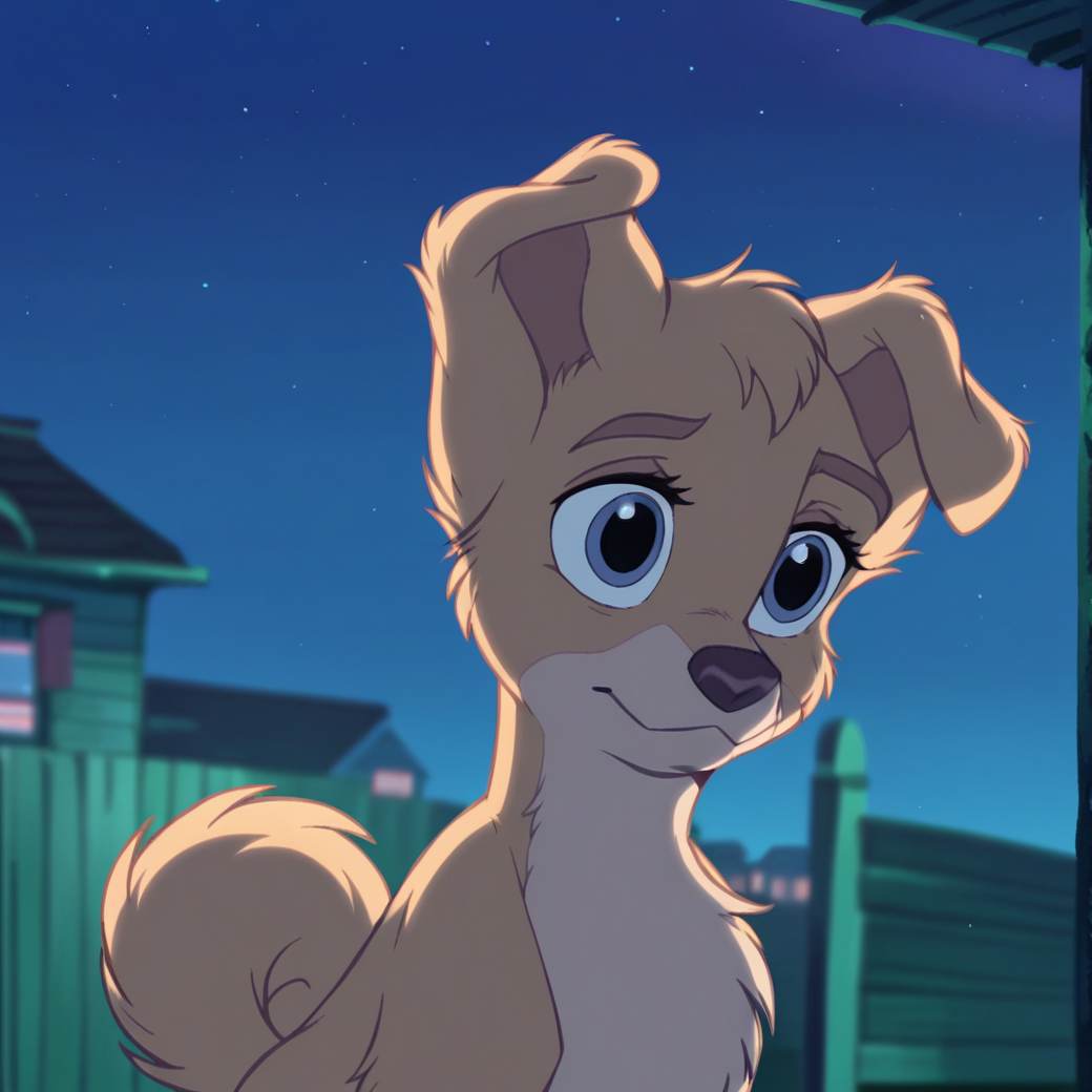 score_9, score_8_up, score_7_up, score_6_up, score_5_up, score_4_up,  <lora:Angelladyandthetramp:1>, angellat, tail, 1girl, solo, animal ears, closed mouth, sky, indoors, blurry, no humans, window, night, blurry background, star \(sky\), dog ears, night sky, furry, starry sky, furry female, white fur, animalization, animal nose, dog, yellow fur, body fur, blue eyes