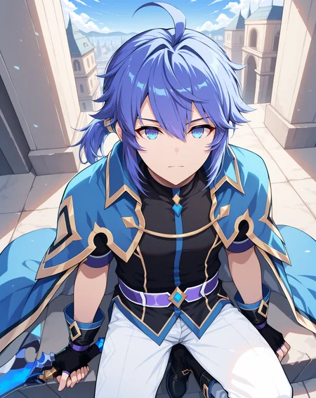 masterpiece, best quality, absurdres, very aesthetic,
1boy, solo, yaoi, male focus,
full body, from above, sitting, close-up, looking at viewer,
<lora:Ronan_Evolution_ilxl:1> ronanevolution, ponytail, blue hair, ahoge, hair between eyes, blue eyes,
black gloves, white pants, fingerless gloves, blue cape, boots, black footwear, purple belt, black shirt, short sleeves, jacket,
holding sword, holding weapon,
outdoors, day, blue sky,