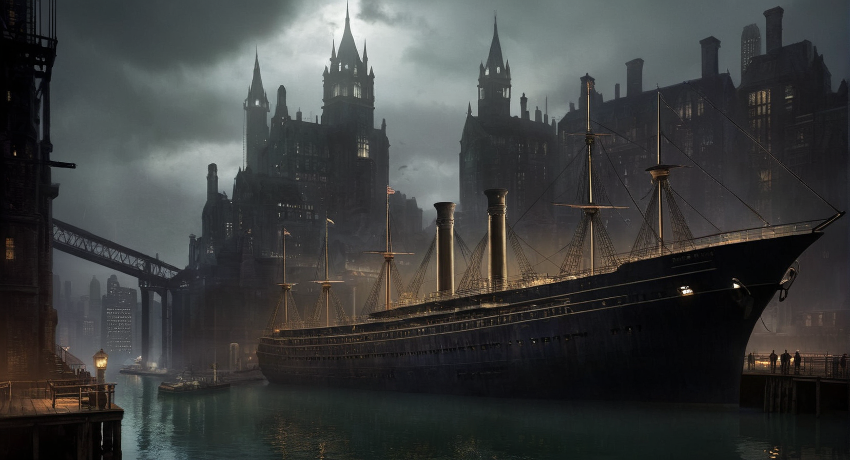 Dark Fantasy Art of  <lora:Gotham City:1.2>
Gotham City a large ship is docked at a dock, dark, moody, dark fantasy style