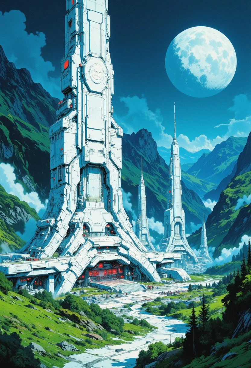 OBxiaoxiang, CAICO, inksketch blue and white theme, Abstract digital painting in the style of ck-js, detailed photorealistic image, a sci-fi cityscape of colossal buildings and towers in a green lush landscape, situated in a green valley bounded by mountain slopes, white ceramic surfaces with high-end circuitry, red glowing diodes and lights, large depth of field. The sky is a dark blue, with a moon hanging low in the horizon,
White sphere on background