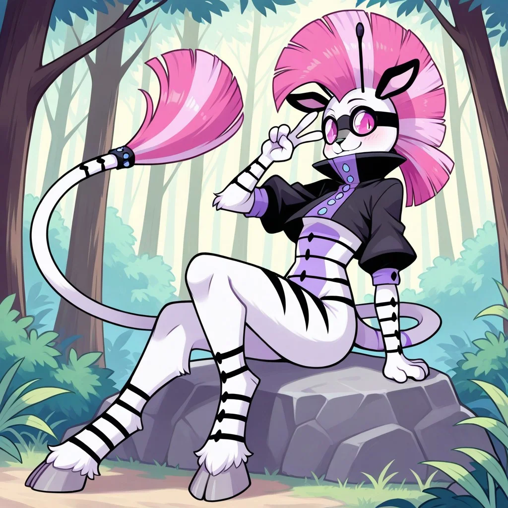 K1d_Neon(F), Solo, 1girl, anthro, furry female, tiger, goat, hybrid, white and blue fur, striped fur, black stripes, pink and blue hair, two-toned hair, mohawk, black ears, antennae, pink eyes, hooves, long tail, black goggles, black cropped jacket, short sleeves, looking at viewer, arm v, full body, smiling, sitting on rock, forest background