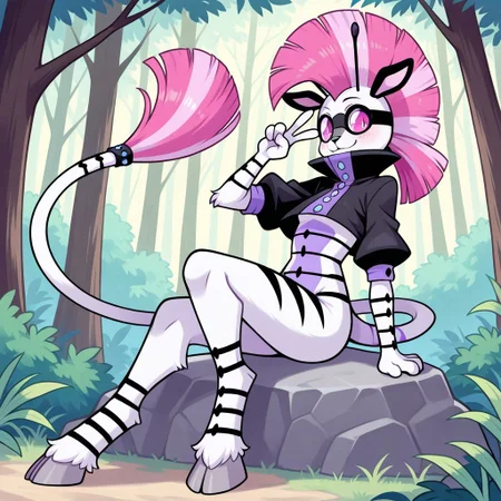K1d_Neon(F), Solo, 1girl, anthro, furry female, tiger, goat, hybrid, white and blue fur, striped fur, black stripes, pink and blue hair, two-toned hair, mohawk, black ears, antennae, pink eyes, hooves, long tail, black goggles, black cropped jacket, short sleeves, looking at viewer, arm v, full body, smiling, sitting on rock, forest background