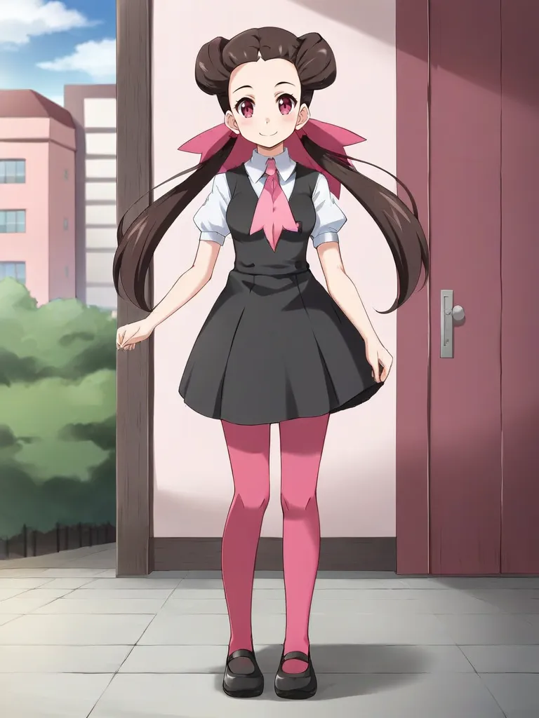 <lora:orasroxannetsukishiro:0.7>
1girl, solo, roxtsuannetsuji, brown hair, long hair, twintails, hair ribbon, black dress, white shirt, short sleeves, pink ascot, dark pink pantyhouse, black shoes, full body, standing, outdoors, city, looking at viewer, smile