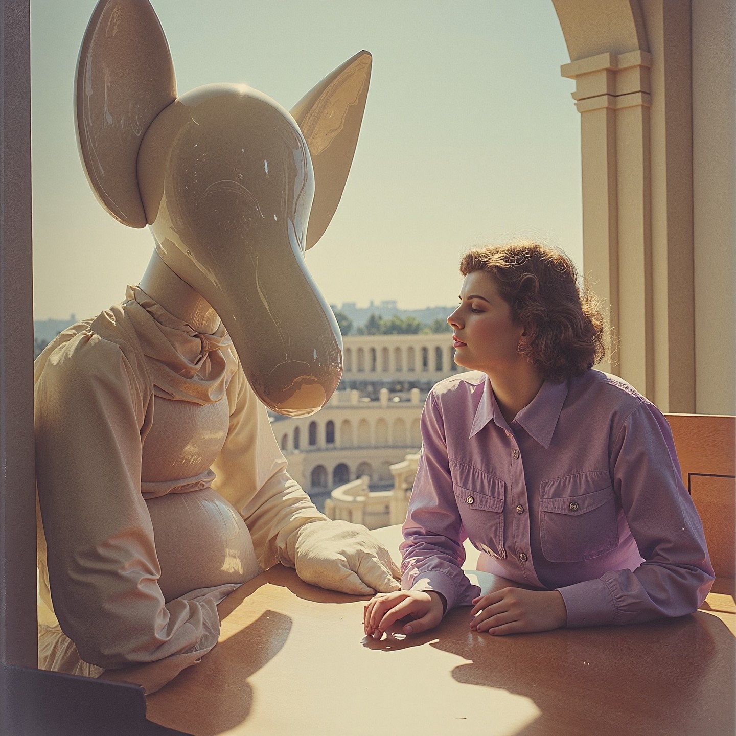 <lora:40s_Vintage_Nudity:0.8> Colour artwork. low-angle view. Impressionism photograph with earth theme. Light-toned photograph of a fiendish, mature, futuristic, clothed, uniformed, sleeping, 1970s female balloon animal. They are arguing in a daylight primal Wild West school interior, intricate white and violet and silver ebru details, imaginary. In the distance there is an ancient amphitheatre. The overall style of the photo is vivid fine art with symbolic Surreal details. The photographer has added detail to the photograph with chemical sprays and scratch marks.