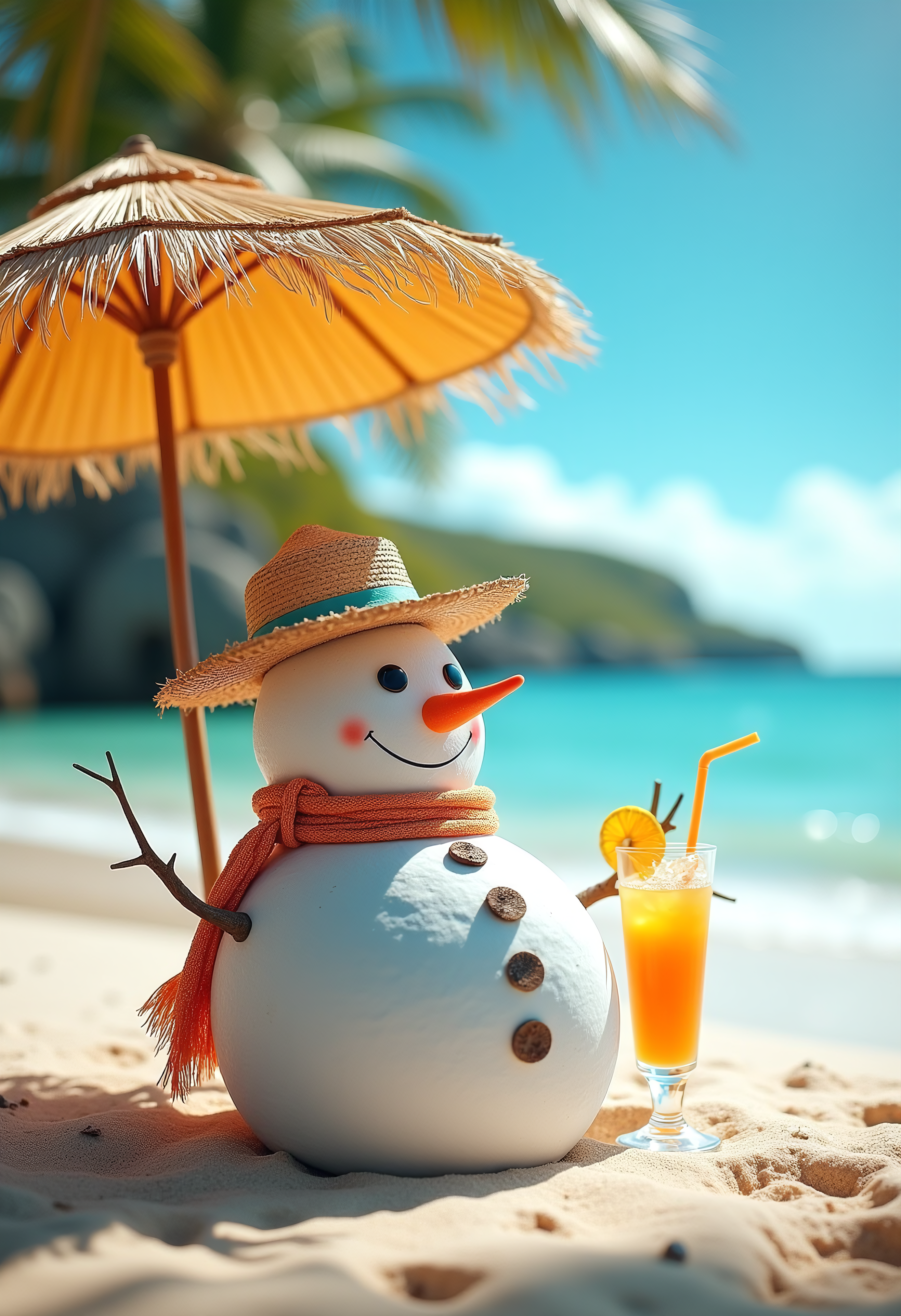 A snowman wearing a straw hat laying under a beach umbrella drinking a tropical drink on a tropical beach, Vibrant Glow
